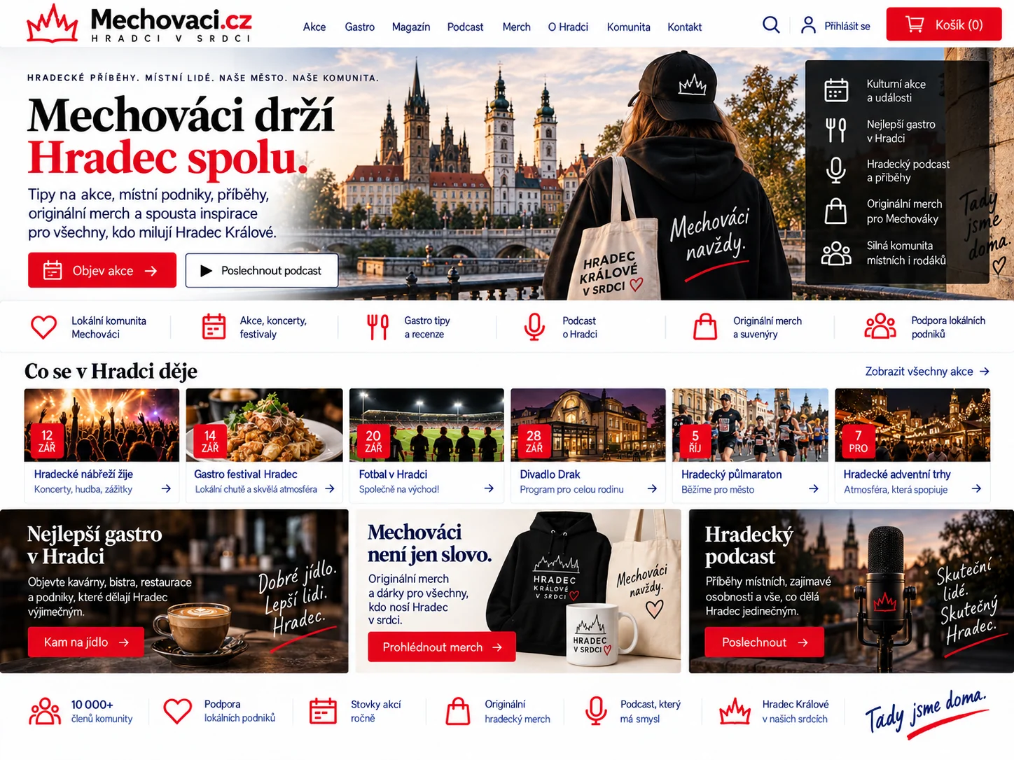 Ilustrační návrh Mechovaci.cz jako komunitního portálu o Hradci Králové, městském životě, sportu a místních akcích